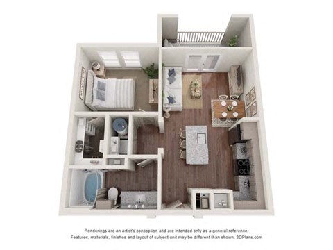 Floor plan for 1 bed, 1 bath, 653 sqft